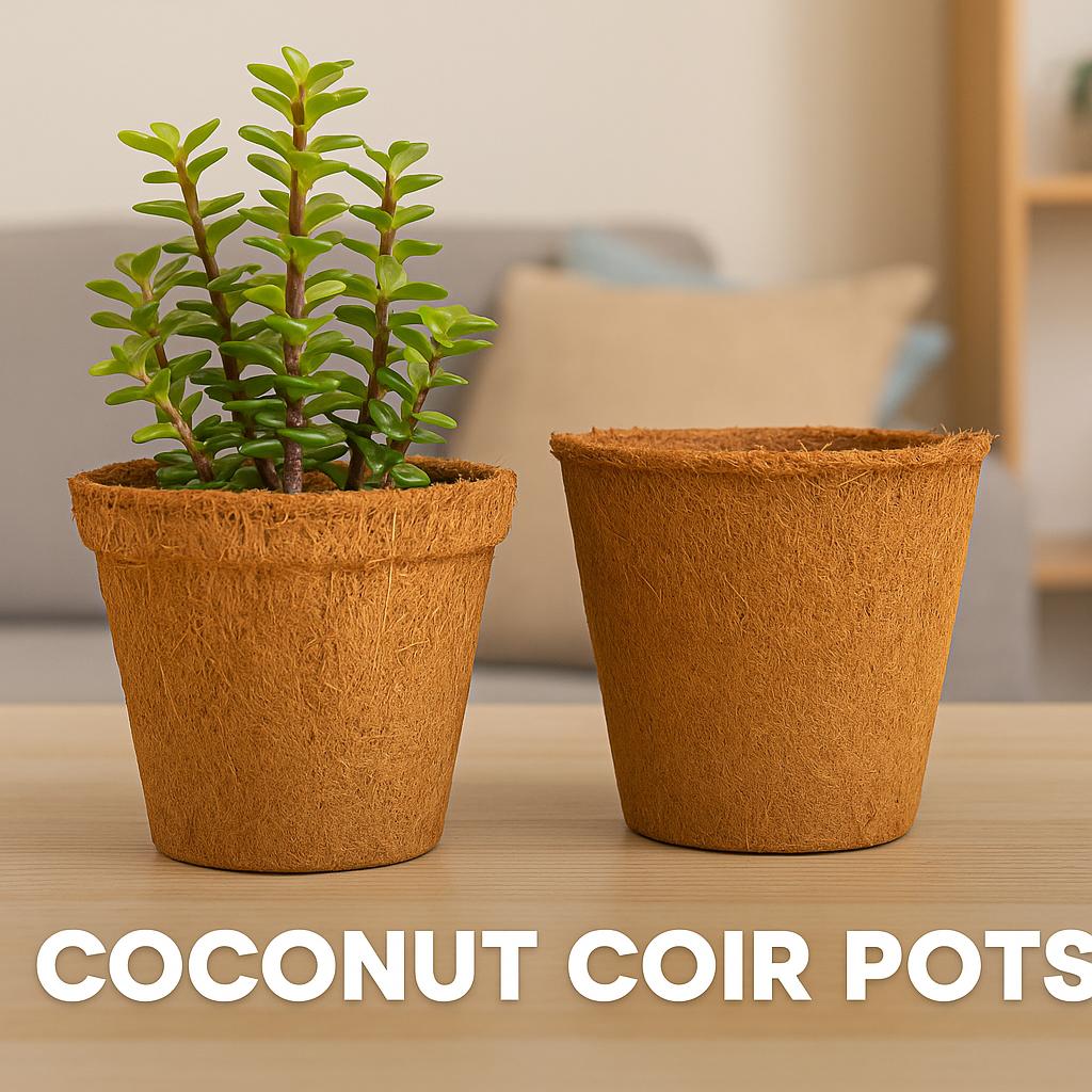 Two eco-friendly coconut coir pots filled with lush green plants, placed on a neutral surface with a warm background, highlighting natural and sustainable gardening solutions.